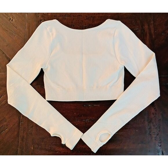 White Ribbed Long Sleeve Crop Top with Thumb Holes - Juniors S - Picture 2 of 10